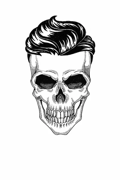 Illustrazione monocromatica barbiere del cranio con, taglio di capelli hipster e su sfondo bianco, cartone animato, arrabbiato, bello, brutale . — Foto Stock