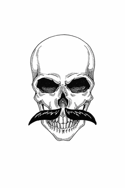 Monocromático ilustração barbearia de crânio com bigode, corte de cabelo hipster e no fundo branco, desenho animado, irritado, bonito, brutal . — Fotografia de Stock