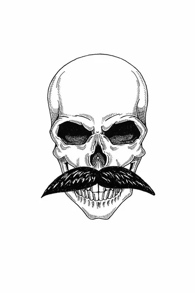 Monochrome Illustration Barbershop des Totenkopfes mit Schnurrbart, Hipster-Frisur und auf weißem Hintergrund, Karikatur, wütend, schön, brutal. — Stockfoto