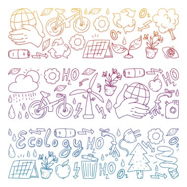 Vektör logosu, tasarım ve rozet trendy çizim tarzı - sıfır atık kavramı, geri dönüşüm ve yeniden, azaltmak - ekolojik yaşam tarzı ve sürdürülebilir gelişmeler simgeleri, degrade,