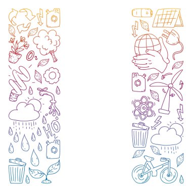 Vektör logosu, tasarım ve rozet trendy çizim tarzı - sıfır atık kavramı, geri dönüşüm ve yeniden, azaltmak - ekolojik yaşam tarzı ve sürdürülebilir gelişmeler simgeleri, degrade,