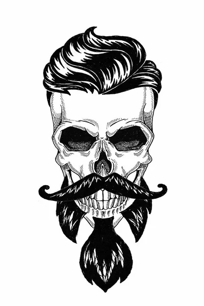 Peluquería de ilustración monocromática de cráneo con barba, bigote, corte de pelo hipster y sobre fondo blanco, dibujos animados, enojado, hermoso, brutal . — Foto de Stock