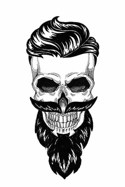 Monocromático ilustração barbearia de crânio com barba, bigode, corte de cabelo hipster e no fundo branco, desenho animado, com raiva, bonito, brutal . — Fotografia de Stock