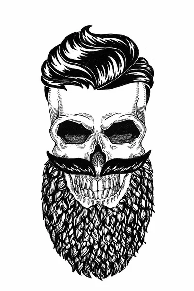 Monocromático ilustração barbearia de crânio com barba, bigode, corte de cabelo hipster e no fundo branco, desenho animado, com raiva, bonito, brutal . — Fotografia de Stock