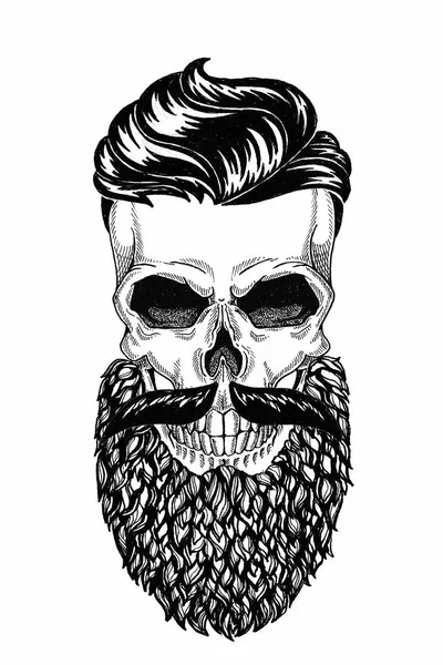 Peluquería de ilustración monocromática de cráneo con barba, bigote, corte de pelo hipster y sobre fondo blanco, dibujos animados, enojado, hermoso, brutal . — Foto de Stock