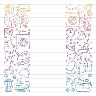 beyaz arka plan üzerinde temizlik hizmetleri şirket vektör monokrom desen, çizim gradyan, defterler astarlı