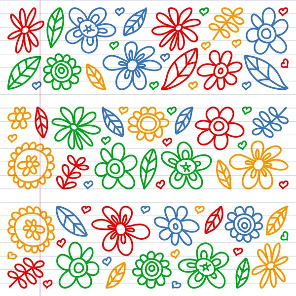 Conjunto vectorial de iconos de flores de dibujo infantil en estilo garabato. Pintura, colorido, imágenes en un pedazo de papel lineal sobre fondo blanco . — Archivo Imágenes Vectoriales