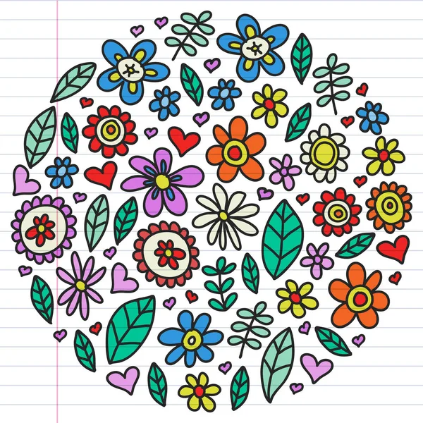 Conjunto vectorial de iconos de flores de dibujo infantil en estilo garabato. Pintura, colorido, imágenes en un pedazo de papel lineal sobre fondo blanco . — Archivo Imágenes Vectoriales