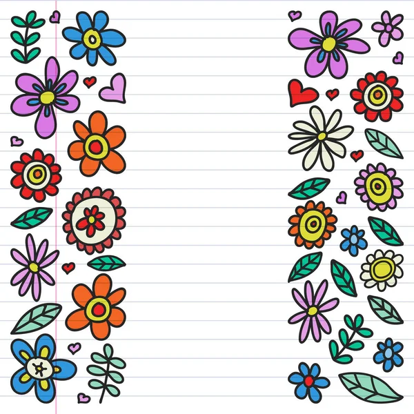 Vector set van kind tekenen van bloemen pictogrammen in doodle stijl. Geschilderde, kleurrijke, Foto's op een stuk van lineaire papier op witte achtergrond. — Stockvector