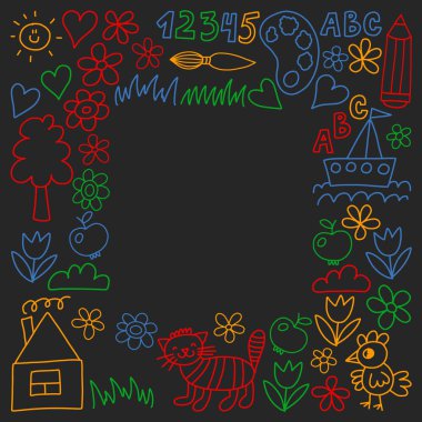 Anaokulu desen, çizilmiş çocuklar bahçe elemanları desen, çizim doodle, illüstrasyon, renkli vektör.
