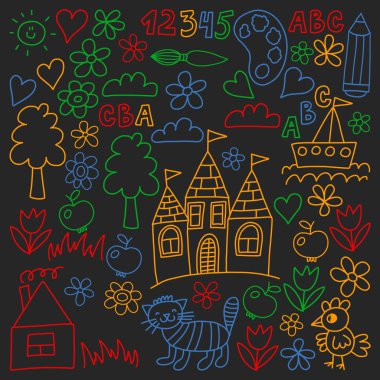 Anaokulu desen, çizilmiş çocuklar bahçe elemanları desen, çizim doodle, illüstrasyon, renkli vektör.