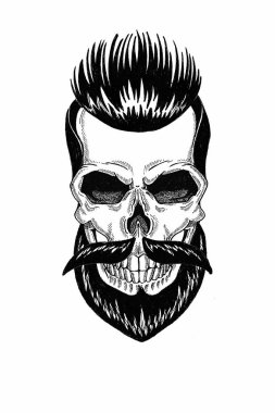 Sakallı kafatası monokrom illüstrasyon berber dükkanı, bıyık, hipster saç kesimi ve beyaz arka plan, karikatür, kızgın, güzel, acımasız.