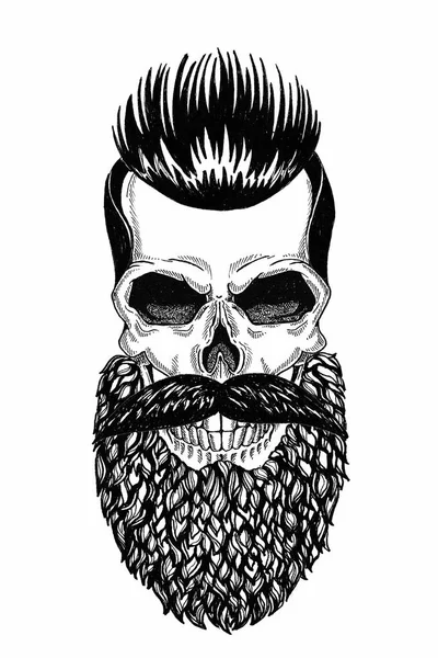 Illustration monochrome salon de coiffure de crâne avec barbe, moustache, coupe de cheveux hipster et sur fond blanc, dessin animé, en colère, beau, brutal . — Photo