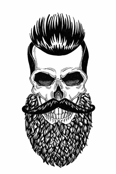 Peluquería de ilustración monocromática de cráneo con barba, bigote, corte de pelo hipster y sobre fondo blanco, dibujos animados, enojado, hermoso, brutal . —  Fotos de Stock