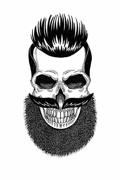 Svartvit illustration barbershop av skalle med skägg, mustasch, hipster frisyr och på vit bakgrund, tecknad, arg, vacker, Brutal. — Stockfoto