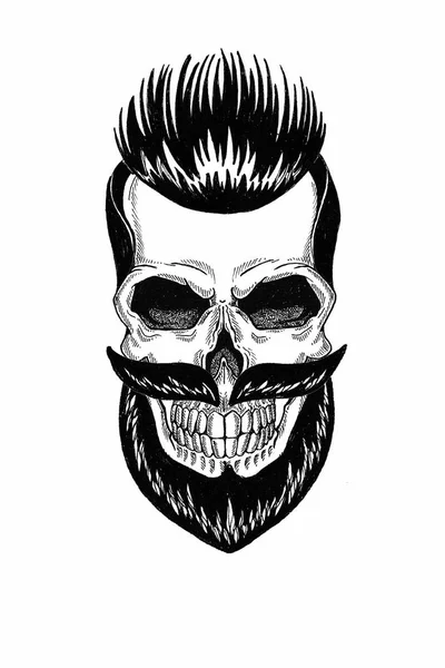 Monochrome illustration barbershop of skull with beard, mustache, hipster haircut and on white background, cartoon, angry, beautiful, brutal. — Stock Photo, Image