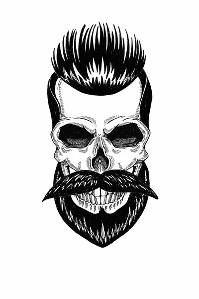 Peluquería de ilustración monocromática de cráneo con barba, bigote, corte de pelo hipster y sobre fondo blanco, dibujos animados, enojado, hermoso, brutal . — Foto de Stock