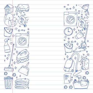 beyaz arka plan üzerinde temizlik hizmetleri şirket vektör monokrom desen, çizim kalem, defterler astarlı