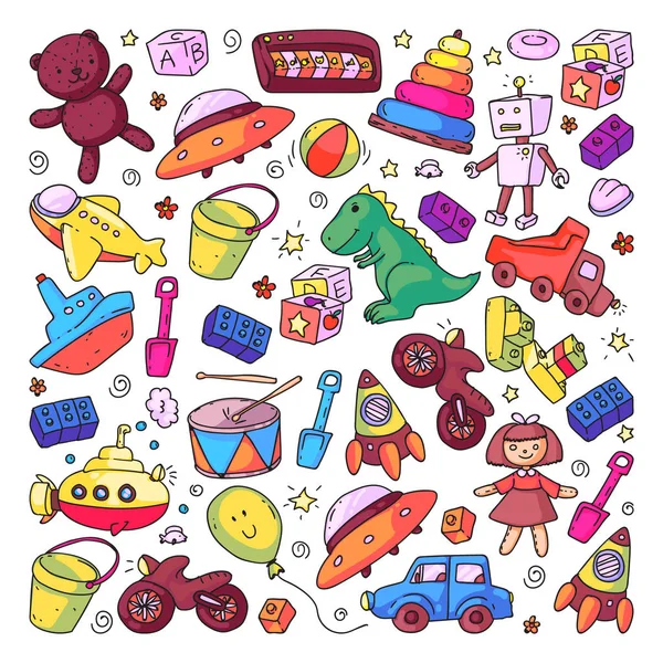 Patrón vectorial con jardín de infantes, niños de juguete. Ilustración niños felices . — Vector de stock