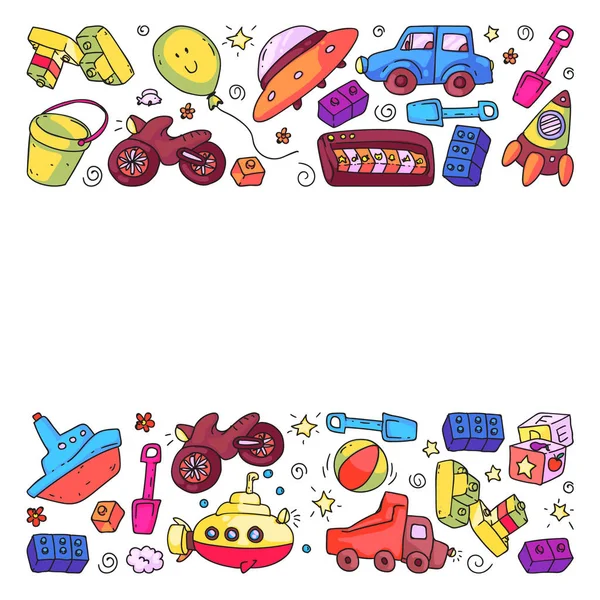 Modèle vectoriel avec jardin d'enfants, enfants jouets. Illustration enfants heureux . — Image vectorielle
