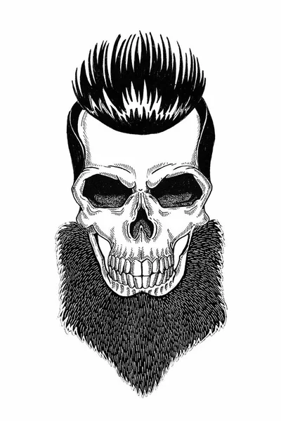 Monochrome illustration barbershop of skull with beard, mustache, hipster haircut and on white background, cartoon, angry, beautiful, brutal. — Stock Photo, Image