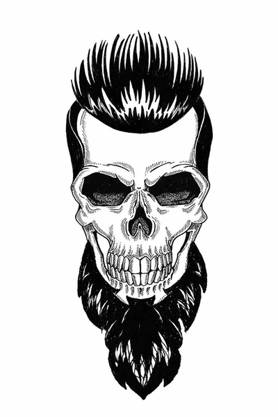 Monochroom illustratie Barbershop van schedel met baard, snor, hipster kapsel en op witte achtergrond, cartoon, boos, mooi, brutaal. — Stockfoto