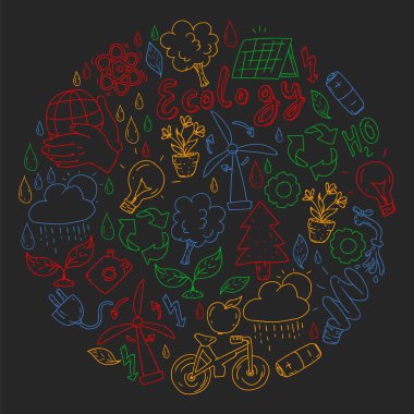 Vektör logosu, tasarım ve rozet trendy çizim tarzı - sıfır atık kavramı, geri dönüşüm ve yeniden, azaltmak - ekolojik yaşam tarzı ve sürdürülebilir gelişmeler simgeleri, siyah arka plan renkli.