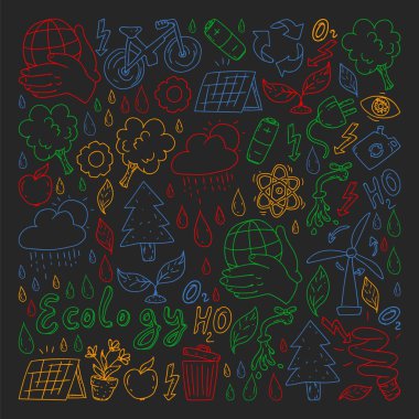 Vektör logosu, tasarım ve rozet trendy çizim tarzı - sıfır atık kavramı, geri dönüşüm ve yeniden, azaltmak - ekolojik yaşam tarzı ve sürdürülebilir gelişmeler simgeleri, siyah arka plan renkli.