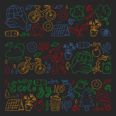 Vektör logosu, tasarım ve rozet trendy çizim tarzı - sıfır atık kavramı, geri dönüşüm ve yeniden, azaltmak - ekolojik yaşam tarzı ve sürdürülebilir gelişmeler simgeleri, siyah arka plan renkli.