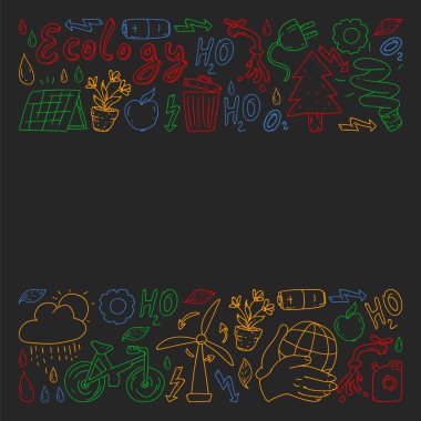 Vektör logosu, tasarım ve rozet trendy çizim tarzı - sıfır atık kavramı, geri dönüşüm ve yeniden, azaltmak - ekolojik yaşam tarzı ve sürdürülebilir gelişmeler simgeleri, siyah arka plan renkli.