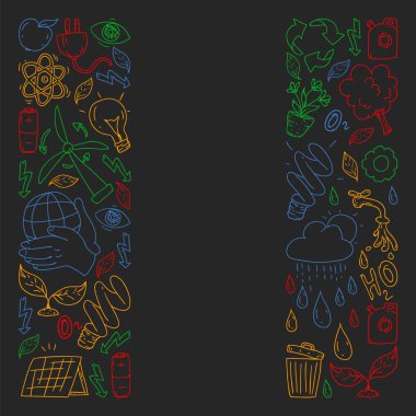 Vektör logosu, tasarım ve rozet trendy çizim tarzı - sıfır atık kavramı, geri dönüşüm ve yeniden, azaltmak - ekolojik yaşam tarzı ve sürdürülebilir gelişmeler simgeleri, siyah arka plan renkli.