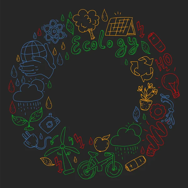 Logotipo de vetor, design e emblema no estilo de desenho moderno - conceito de desperdício zero, reciclagem e reutilização, reduzir - estilo de vida ecológico e ícones de desenvolvimentos sustentáveis, coloridos em fundo preto . — Vetor de Stock