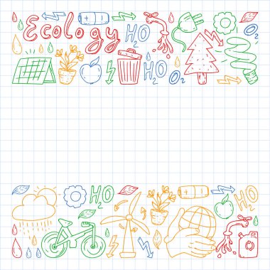 Vektör logosu, tasarım ve rozet trendy çizim tarzı - sıfır atık kavramı, geri dönüşüm ve yeniden, azaltmak - ekolojik yaşam tarzı ve sürdürülebilir gelişmeler simgeleri. Renkli. kare li not defterine çizim.