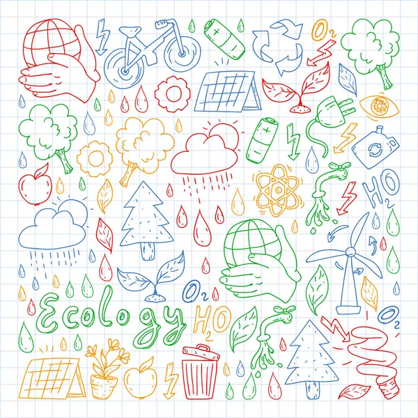 Logo vectoriel, design et badge dans un style de dessin tendance - concept zéro déchet, recyclage et réutilisation, réduction - style de vie écologique et icônes du développement durable. coloré. dessin sur carnet carré . — Image vectorielle