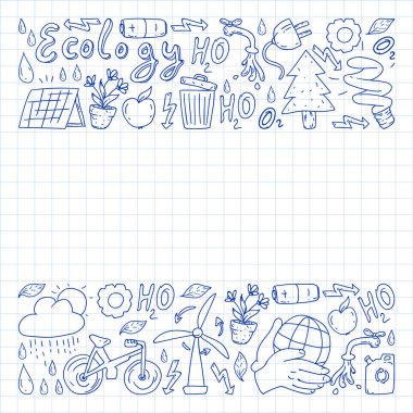 Vektör logosu, tasarım ve rozet trendy çizim tarzı - sıfır atık kavramı, geri dönüşüm ve yeniden, azaltmak - ekolojik yaşam tarzı ve sürdürülebilir gelişmeler simgeleri. damalı kağıda kalem çizimi.