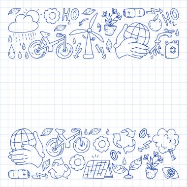 Vektör logosu, tasarım ve rozet trendy çizim tarzı - sıfır atık kavramı, geri dönüşüm ve yeniden, azaltmak - ekolojik yaşam tarzı ve sürdürülebilir gelişmeler simgeleri. damalı kağıda kalem çizimi.