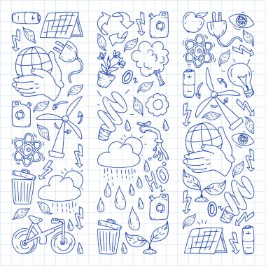 Vektör logosu, tasarım ve rozet trendy çizim tarzı - sıfır atık kavramı, geri dönüşüm ve yeniden, azaltmak - ekolojik yaşam tarzı ve sürdürülebilir gelişmeler simgeleri. damalı kağıda kalem çizimi.