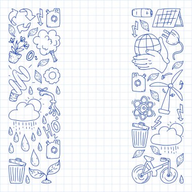 Vektör logosu, tasarım ve rozet trendy çizim tarzı - sıfır atık kavramı, geri dönüşüm ve yeniden, azaltmak - ekolojik yaşam tarzı ve sürdürülebilir gelişmeler simgeleri. damalı kağıda kalem çizimi.