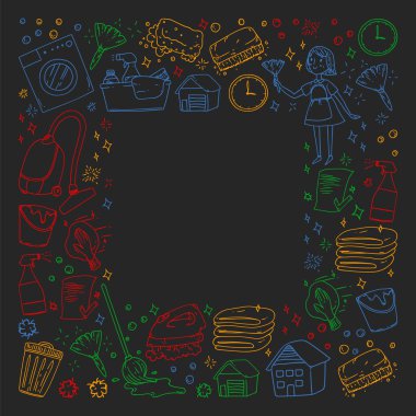 siyah arka plan üzerinde temizlik hizmetleri şirket vektör monokrom desen, renkli tebeşir çizim.