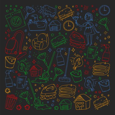 siyah arka plan üzerinde temizlik hizmetleri şirket vektör monokrom desen, renkli tebeşir çizim.