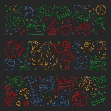 siyah arka plan üzerinde temizlik hizmetleri şirket vektör monokrom desen, renkli tebeşir çizim.