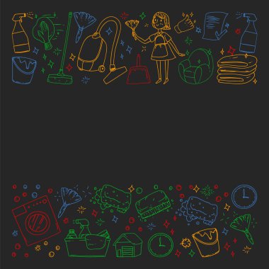 siyah arka plan üzerinde temizlik hizmetleri şirket vektör monokrom desen, renkli tebeşir çizim.