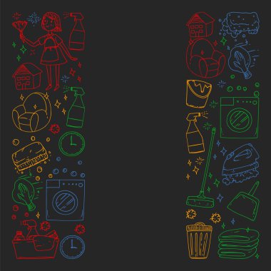 siyah arka plan üzerinde temizlik hizmetleri şirket vektör monokrom desen, renkli tebeşir çizim.