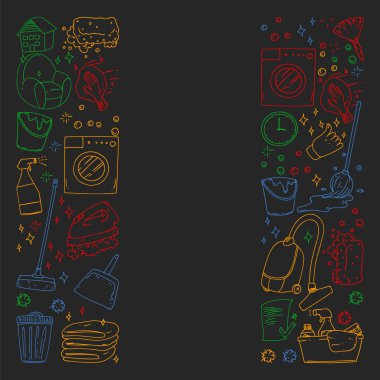 siyah arka plan üzerinde temizlik hizmetleri şirket vektör monokrom desen, renkli tebeşir çizim.