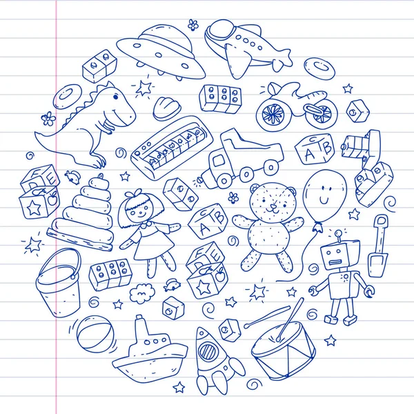 Modello vettoriale con asilo nido, bambini giocattolo. Illustrazione bambini felici. penna disegno su quaderni in un righello . — Vettoriale Stock