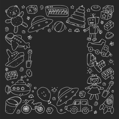 Anaokulu, oyuncak çocuklar ile vektör desen. Mutlu çocuklar illüstrasyon. tahta üzerinde tek renkli tebeşir çizim.