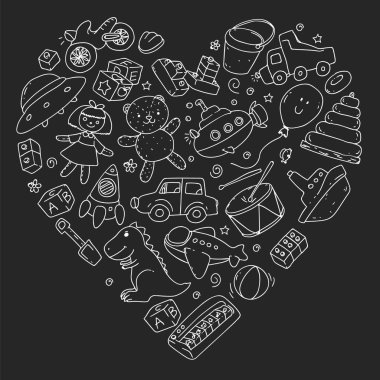 Anaokulu, oyuncak çocuklar ile vektör desen. Mutlu çocuklar illüstrasyon. tahta üzerinde tek renkli tebeşir çizim.