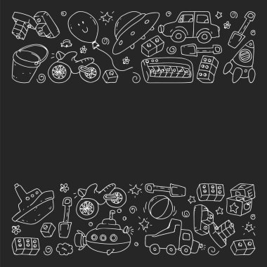 Anaokulu, oyuncak çocuklar ile vektör desen. Mutlu çocuklar illüstrasyon. tahta üzerinde tek renkli tebeşir çizim.