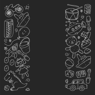 Anaokulu, oyuncak çocuklar ile vektör desen. Mutlu çocuklar illüstrasyon. tahta üzerinde tek renkli tebeşir çizim.