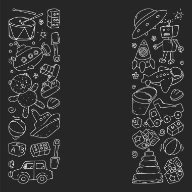 Anaokulu, oyuncak çocuklar ile vektör desen. Mutlu çocuklar illüstrasyon. tahta üzerinde tek renkli tebeşir çizim.